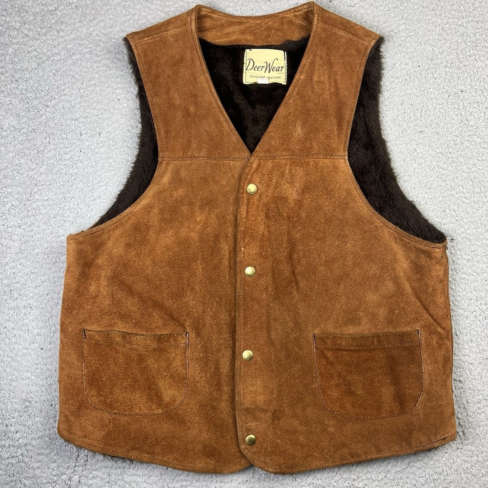 Vintage Deer Wear Genuine Leather Suede Vest Mens Brown Size 44 Lined